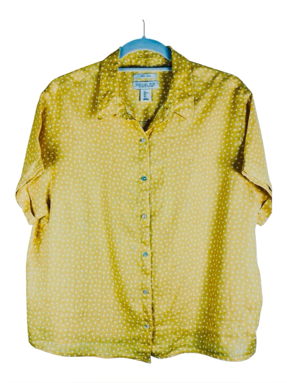 RACHEL ZOE Boxy Button Up Linen Shirt Mustard White Dots L